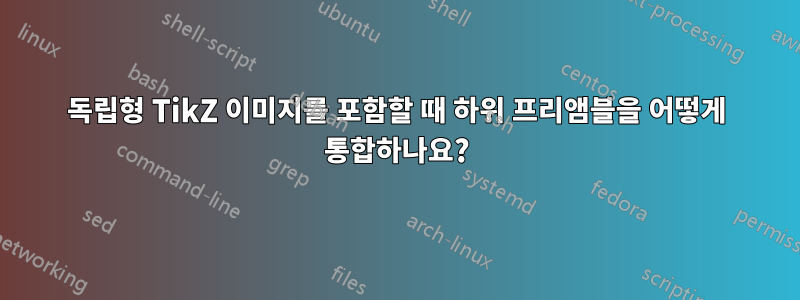 독립형 TikZ 이미지를 포함할 때 하위 프리앰블을 어떻게 통합하나요?