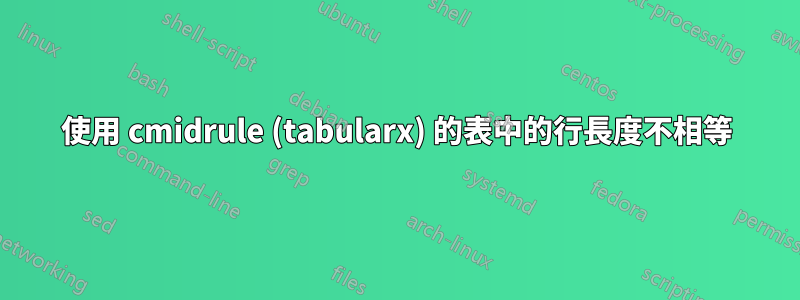 使用 cmidrule (tabularx) 的表中的行長度不相等