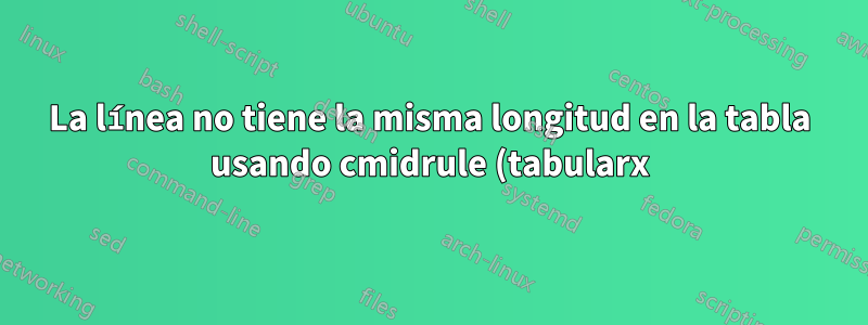 La línea no tiene la misma longitud en la tabla usando cmidrule (tabularx)
