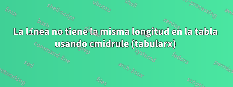 La línea no tiene la misma longitud en la tabla usando cmidrule (tabularx)