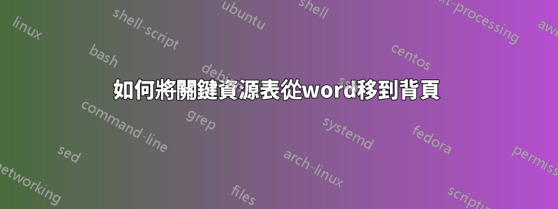 如何將關鍵資源表從word移到背頁