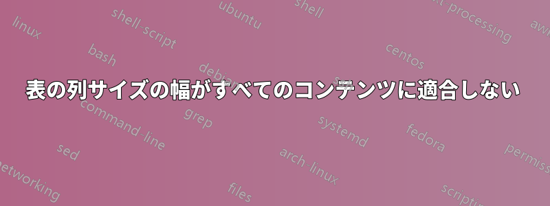 表の列サイズの幅がすべてのコンテンツに適合しない