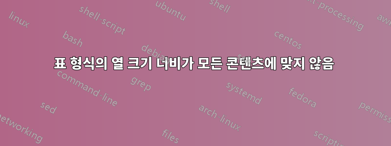 표 형식의 열 크기 너비가 모든 콘텐츠에 맞지 않음