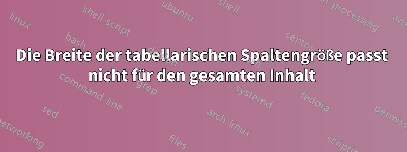 Die Breite der tabellarischen Spaltengröße passt nicht für den gesamten Inhalt