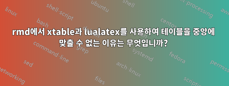 rmd에서 xtable과 lualatex를 사용하여 테이블을 중앙에 맞출 수 없는 이유는 무엇입니까?