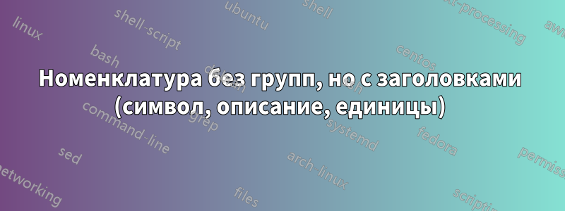 Номенклатура без групп, но с заголовками (символ, описание, единицы)