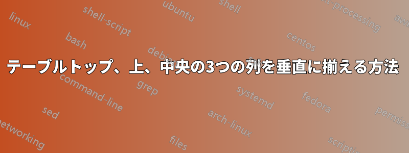 テーブルトップ、上、中央の3つの列を垂直に揃える方法