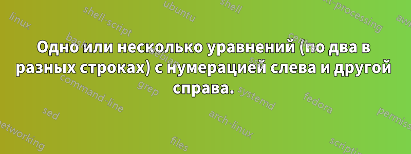 Одно или несколько уравнений (по два в разных строках) с нумерацией слева и другой справа.