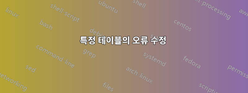 특정 테이블의 오류 수정