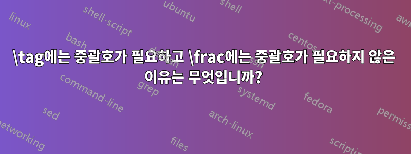 \tag에는 중괄호가 필요하고 \frac에는 중괄호가 필요하지 않은 이유는 무엇입니까?