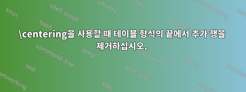 \centering을 사용할 때 테이블 형식의 끝에서 추가 행을 제거하십시오.