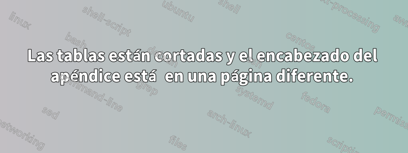 Las tablas están cortadas y el encabezado del apéndice está en una página diferente.