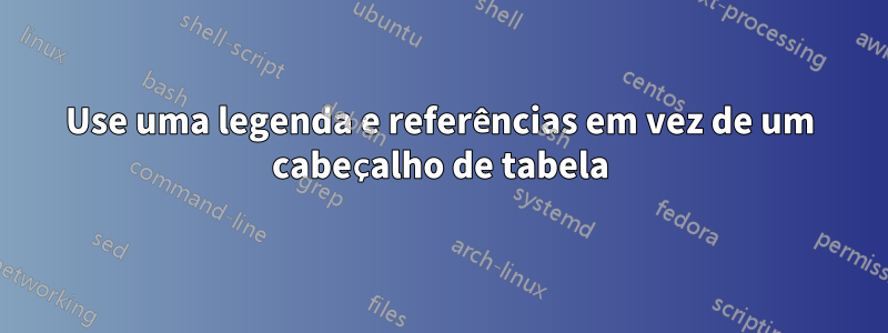 Use uma legenda e referências em vez de um cabeçalho de tabela