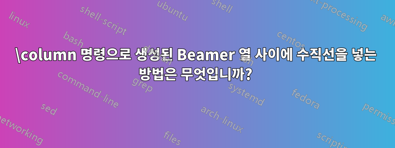 \column 명령으로 생성된 Beamer 열 사이에 수직선을 넣는 방법은 무엇입니까?