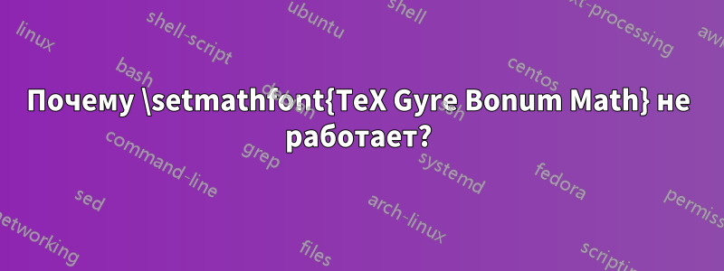 Почему \setmathfont{TeX Gyre Bonum Math} не работает?