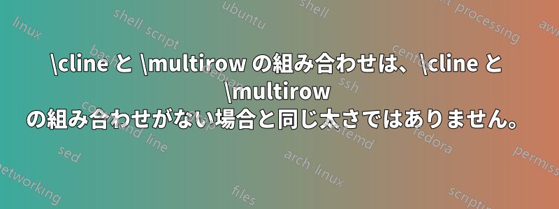 \cline と \multirow の組み合わせは、\cline と \multirow の組み合わせがない場合と同じ太さではありません。