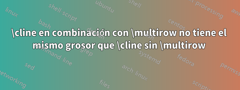 \cline en combinación con \multirow no tiene el mismo grosor que \cline sin \multirow
