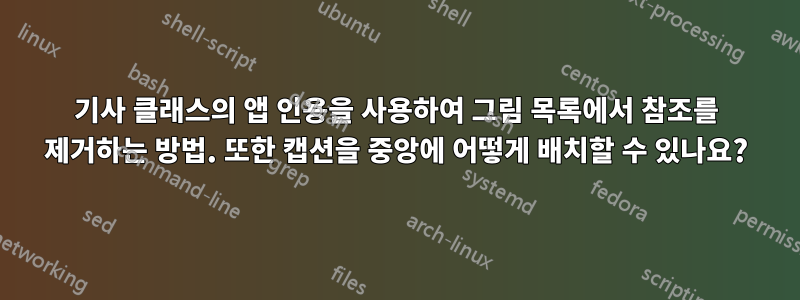 기사 클래스의 앱 인용을 사용하여 그림 목록에서 참조를 제거하는 방법. 또한 캡션을 중앙에 어떻게 배치할 수 있나요?