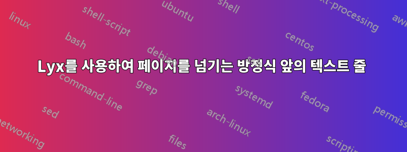 Lyx를 사용하여 페이지를 넘기는 방정식 앞의 텍스트 줄