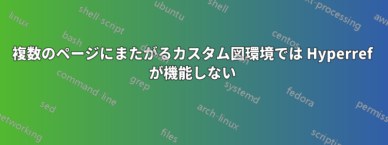 複数のページにまたがるカスタム図環境では Hyperref が機能しない