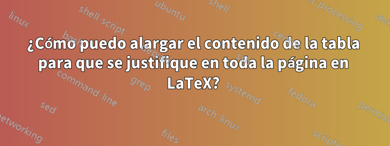 ¿Cómo puedo alargar el contenido de la tabla para que se justifique en toda la página en LaTeX?