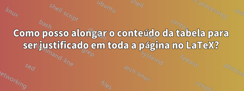 Como posso alongar o conteúdo da tabela para ser justificado em toda a página no LaTeX?