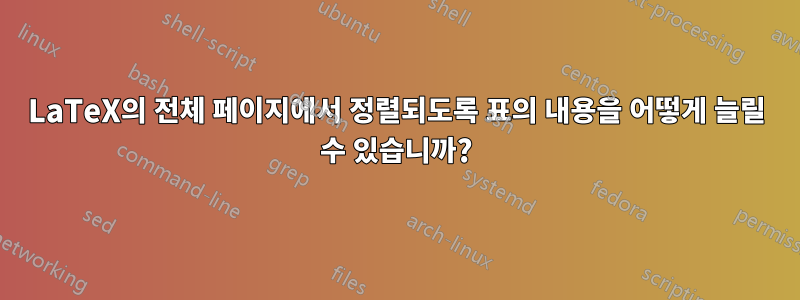 LaTeX의 전체 페이지에서 정렬되도록 표의 내용을 어떻게 늘릴 수 있습니까?