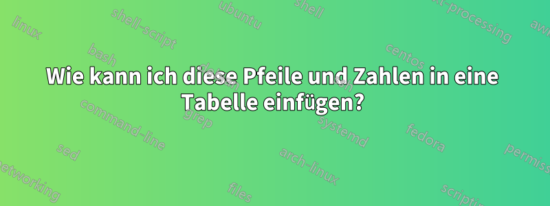 Wie kann ich diese Pfeile und Zahlen in eine Tabelle einfügen?