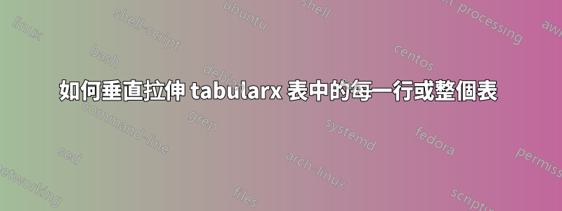 如何垂直拉伸 tabularx 表中的每一行或整個表