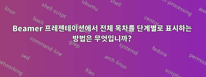 Beamer 프레젠테이션에서 전체 목차를 단계별로 표시하는 방법은 무엇입니까?