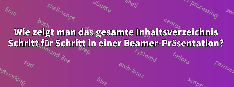 Wie zeigt man das gesamte Inhaltsverzeichnis Schritt für Schritt in einer Beamer-Präsentation?