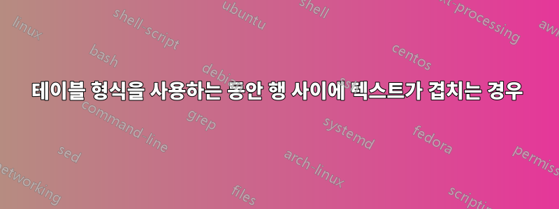 테이블 형식을 사용하는 동안 행 사이에 텍스트가 겹치는 경우