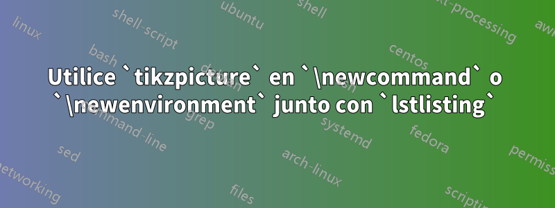 Utilice `tikzpicture` en `\newcommand` o `\newenvironment` junto con `lstlisting`