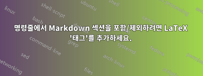 명령줄에서 Markdown 섹션을 포함/제외하려면 LaTeX '태그'를 추가하세요.