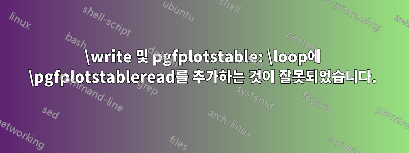 \write 및 pgfplotstable: \loop에 \pgfplotstableread를 추가하는 것이 잘못되었습니다.