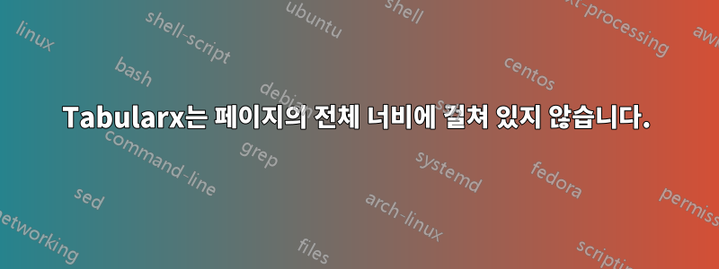 Tabularx는 페이지의 전체 너비에 걸쳐 있지 않습니다.