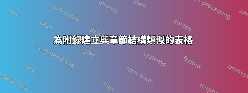 為附錄建立與章節結構類似的表格