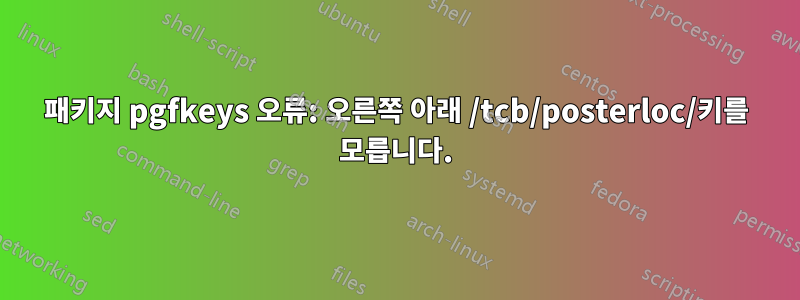 패키지 pgfkeys 오류: 오른쪽 아래 /tcb/posterloc/키를 모릅니다.