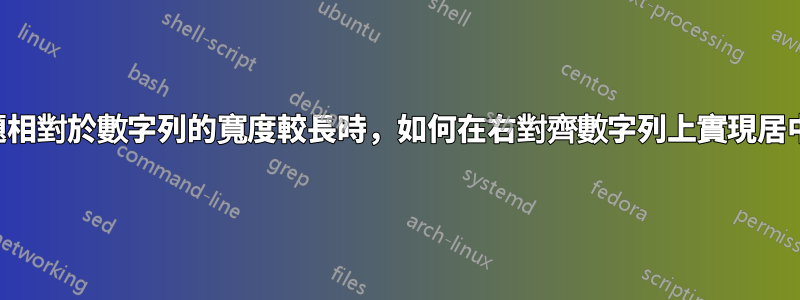 當標題相對於數字列的寬度較長時，如何在右對齊數字列上實現居中標題