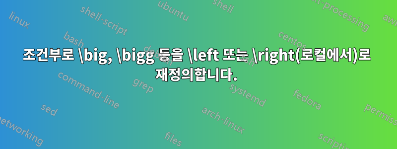 조건부로 \big, \bigg 등을 \left 또는 \right(로컬에서)로 재정의합니다.