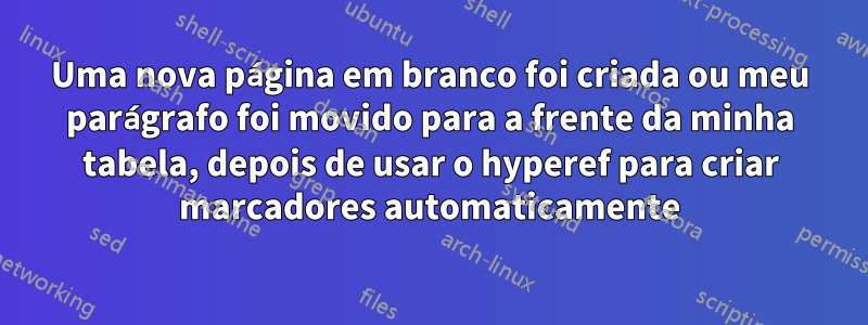 Uma nova página em branco foi criada ou meu parágrafo foi movido para a frente da minha tabela, depois de usar o hyperef para criar marcadores automaticamente