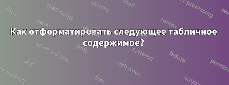 Как отформатировать следующее табличное содержимое?