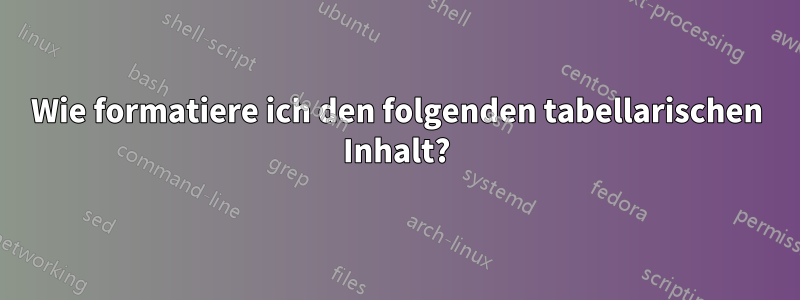 Wie formatiere ich den folgenden tabellarischen Inhalt?