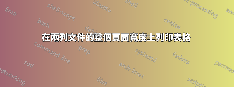 在兩列文件的整個頁面寬度上列印表格