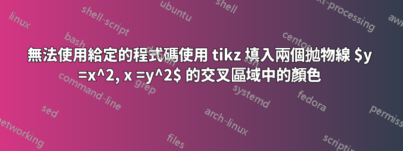 無法使用給定的程式碼使用 tikz 填入兩個拋物線 $y =x^2, x =y^2$ 的交叉區域中的顏色