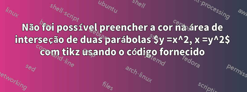 Não foi possível preencher a cor na área de interseção de duas parábolas $y =x^2, x =y^2$ com tikz usando o código fornecido