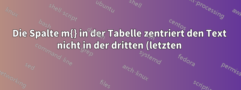 Die Spalte m{} in der Tabelle zentriert den Text nicht in der dritten (letzten) Spalte.