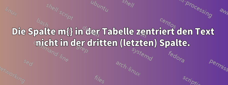 Die Spalte m{} in der Tabelle zentriert den Text nicht in der dritten (letzten) Spalte.