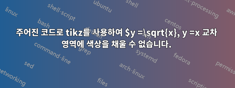 주어진 코드로 tikz를 사용하여 $y =\sqrt{x}, y =x 교차 영역에 색상을 채울 수 없습니다.