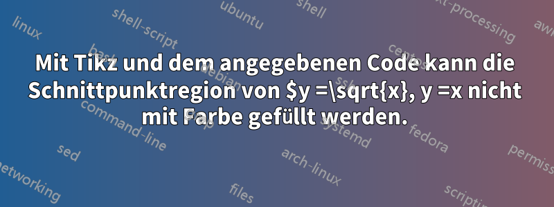 Mit Tikz und dem angegebenen Code kann die Schnittpunktregion von $y =\sqrt{x}, y =x nicht mit Farbe gefüllt werden.